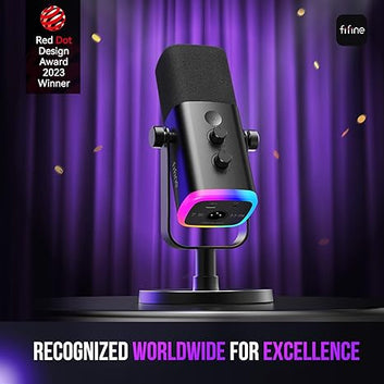FIFINE USB/XLR Dynamic Microphone for Podcast Recording, PC Computer Gaming Streaming Mic with RGB Light, Mute Button, Headphones Jack, Desktop Stand, Vocal Mic for Singing YouTube-AmpliGame AM8