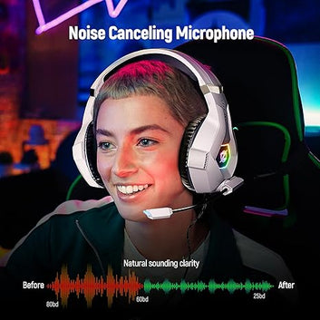 Ozeino Gaming Headset for PC, Ps4, Ps5, Xbox Headset with 7.1 Surround Sound Gaming Headphones with Noise Canceling Mic, LED Light Over Ear Headphones for Switch, Xbox Series X/S, Laptop, Mobile White