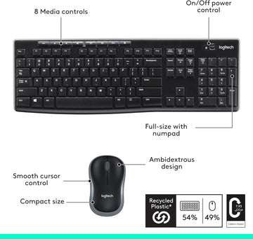 Logitech MK270 Wireless Keyboard and Mouse Combo for Windows, 2.4 GHz Wireless, Compact Mouse, 8 Multimedia and Shortcut Keys, 2-Year Battery Life, for PC, Laptop - Black